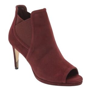 COLE HAAN Women's Red Jones Peep Toe Bootie In Cordovan Suede Size 8‎
